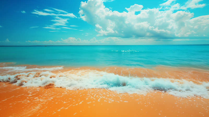 A serene beach scene with a gentle wave breaking on the sandy shore against a backdrop of a clear blue sky dotted with fluffy clouds.