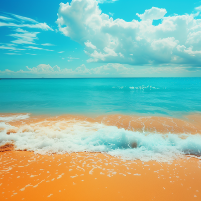 A serene beach scene with a gentle wave breaking on the sandy shore against a backdrop of a clear blue sky dotted with fluffy clouds.