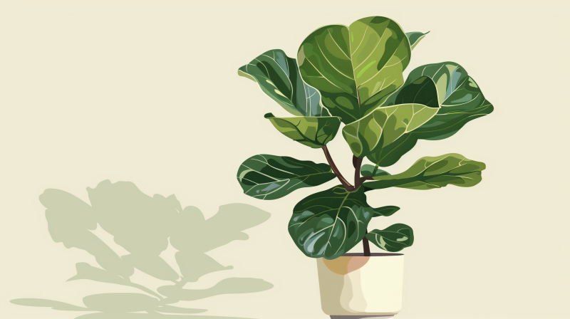 Illustration of a lush fiddle leaf fig houseplant in a simple pot against a light background with its shadow.