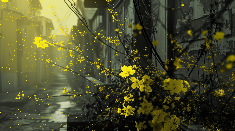 Yellow blossoms on branches with a monochrome background, symbolizing springtime.