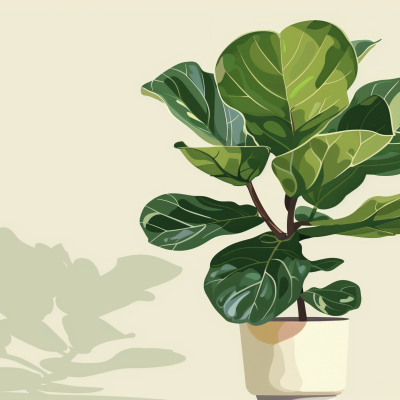 Illustration of a lush fiddle leaf fig houseplant in a simple pot against a light background with its shadow.