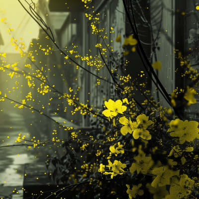 Yellow blossoms on branches with a monochrome background, symbolizing springtime.