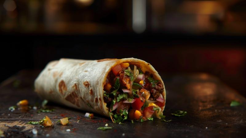 A close-up image of a delicious-looking burrito, filled with seasoned meat, fresh vegetables, and colorful salsa, on a dark background.