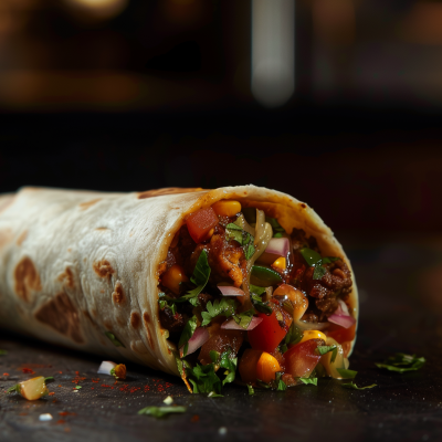 A close-up image of a delicious-looking burrito, filled with seasoned meat, fresh vegetables, and colorful salsa, on a dark background.