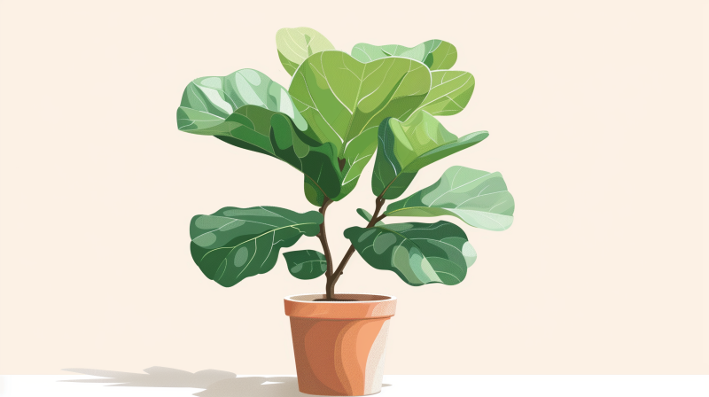 Illustration of a fiddle leaf fig plant in a terracotta pot.