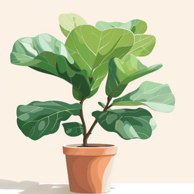 Illustration of a fiddle leaf fig plant in a terracotta pot.